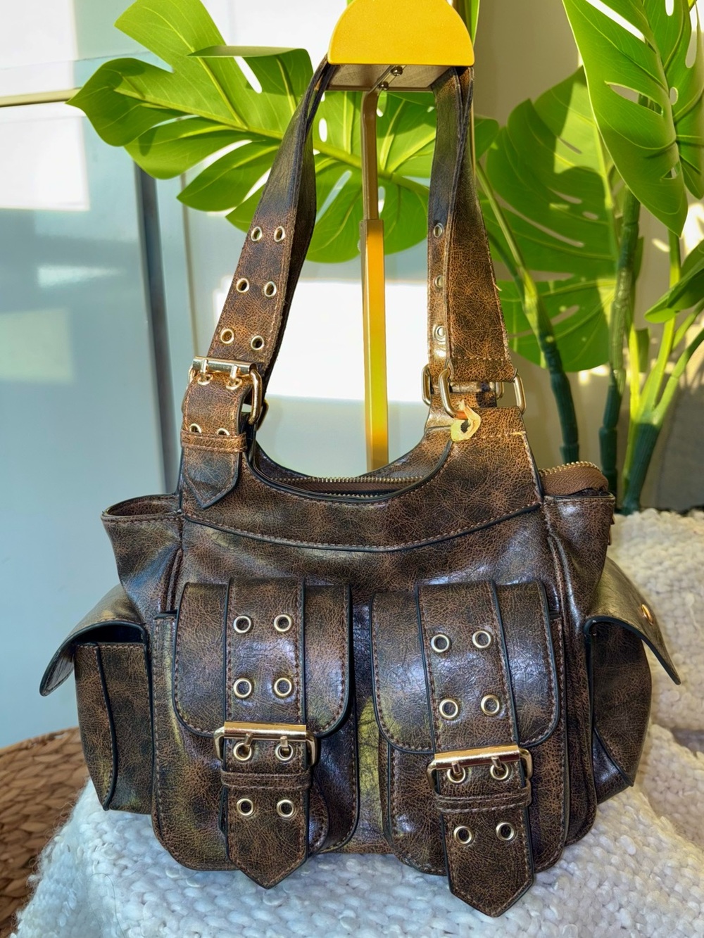 Vintage Y2K Distressed Brown Buckle Cargo Shoulder Bag Utility Purse